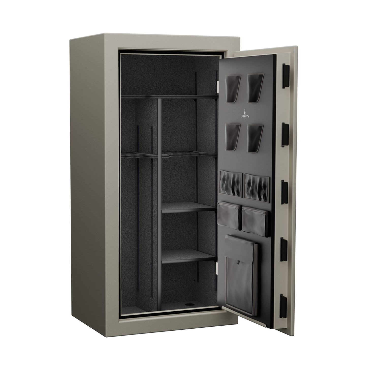 Liberty USA 30 safe in Textured Canvas beige with Black Chrome electronic lock, interior.
