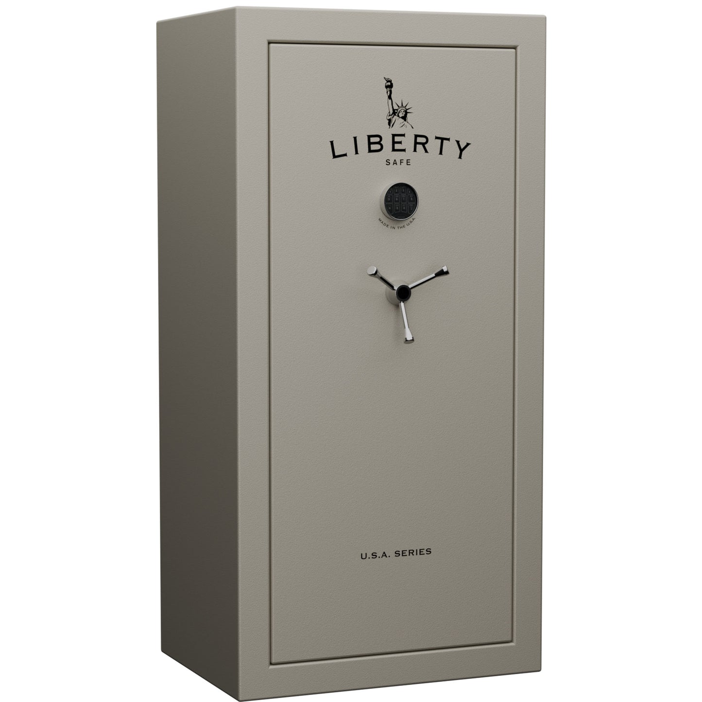 Liberty USA 30 safe in Textured Canvas beige with Black Chrome electronic lock.