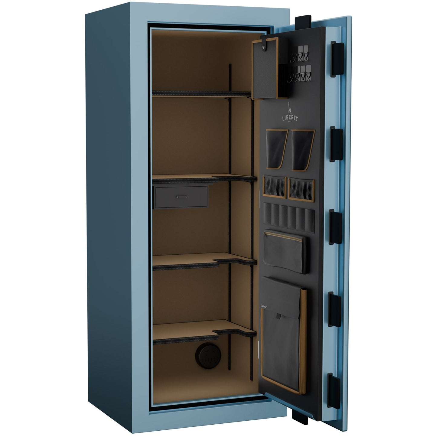 Liberty Premium Home 17 Safe in Azure Sky Gloss with Black Chrome Electronic Lock, interior.