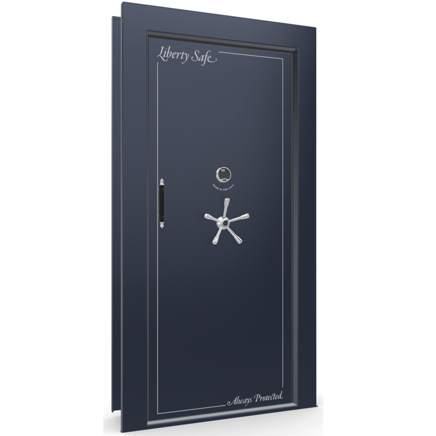 The Beast Vault Door in Blue Gloss with Chrome Electronic Lock, Right Inswing, door closed.