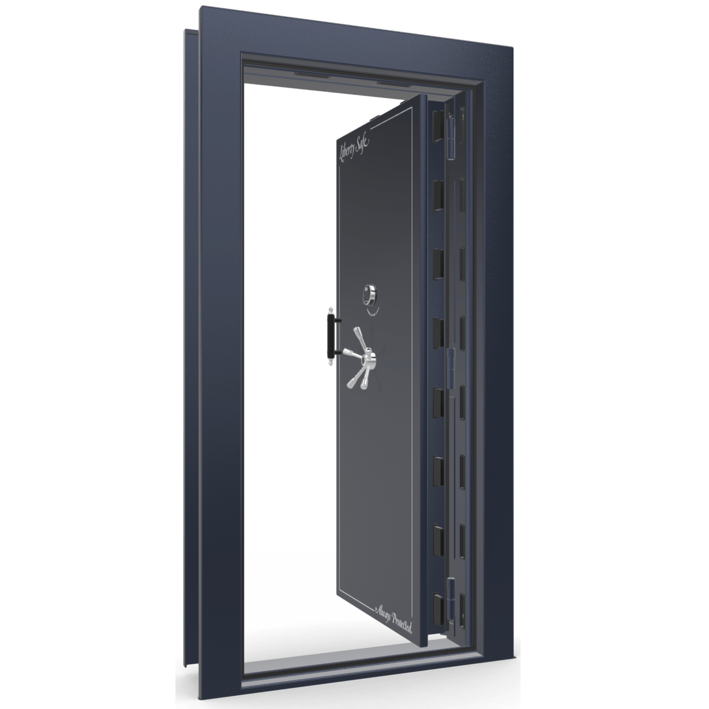 The Beast Vault Door in Blue Gloss with Chrome Electronic Lock, Right Inswing, door open.