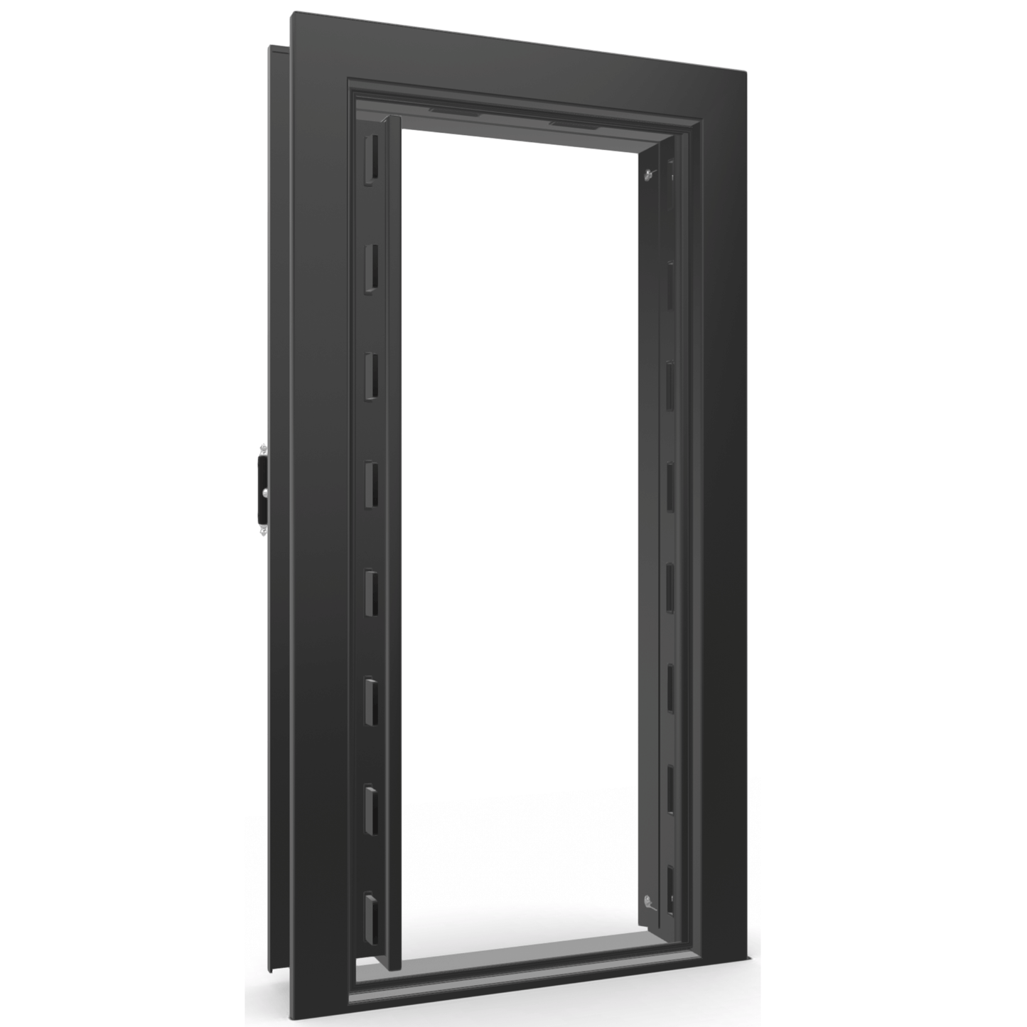 The Beast Vault Door in Black Gloss with Chrome Electronic Lock, Left Inswing, door open.