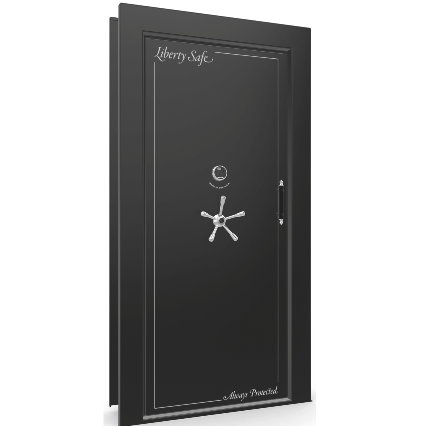 The Beast Vault Door in Black Gloss with Chrome Electronic Lock, Left Inswing, door closed.