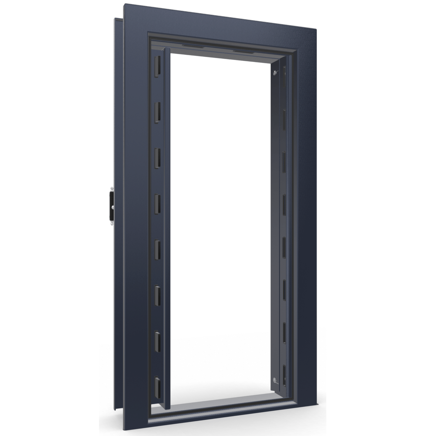 The Beast Vault Door in Blue Gloss with Chrome Electronic Lock, Left Inswing, door open.