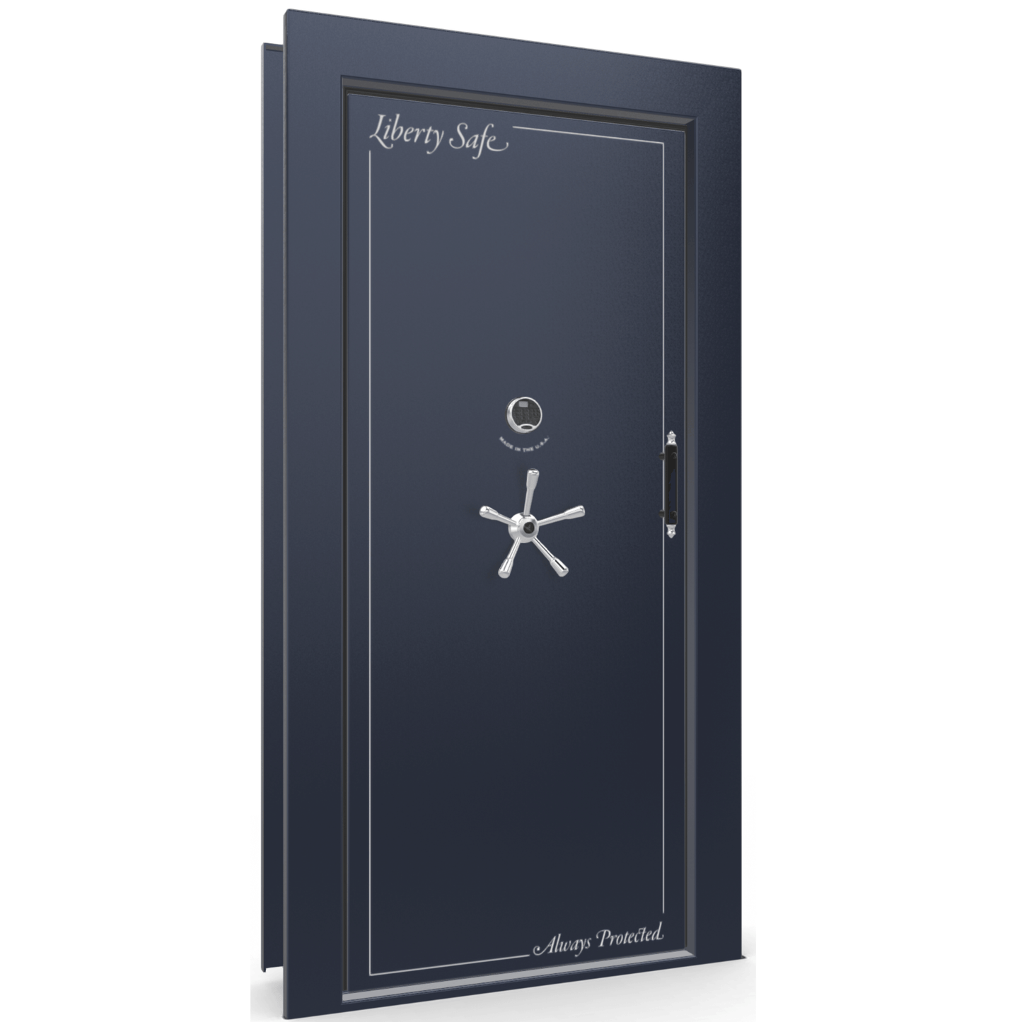 The Beast Vault Door in Blue Gloss with Chrome Electronic Lock, Left Inswing, door closed.