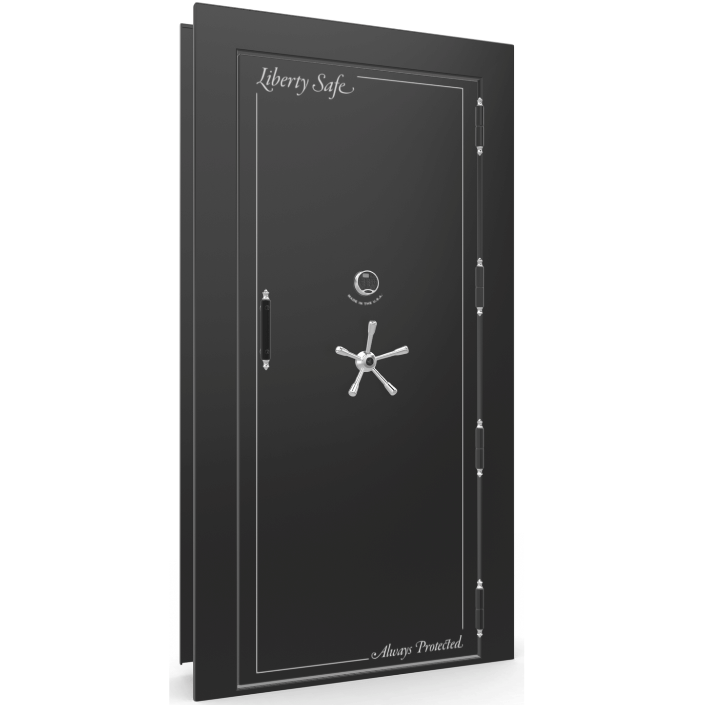 The Beast Vault Door in Black Gloss with Chrome Electronic Lock, Right Outswing, door closed.