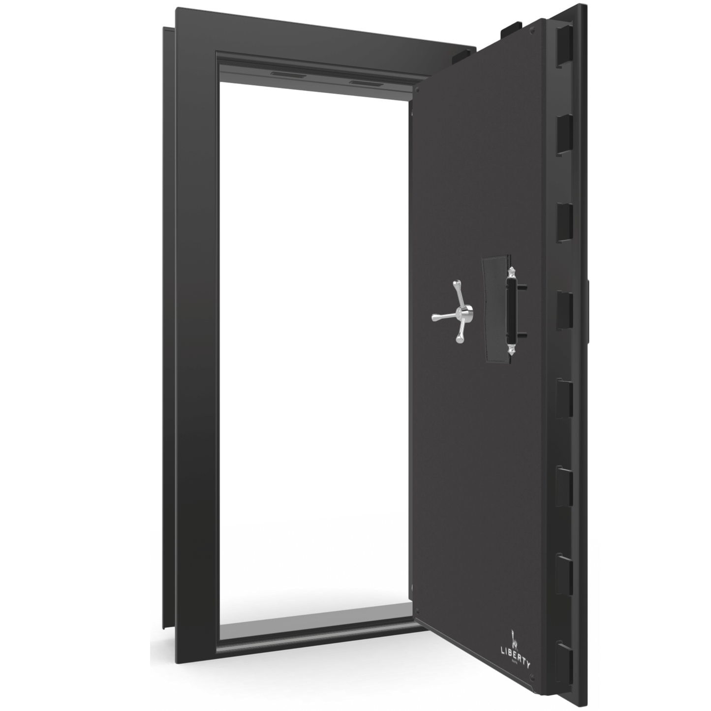 The Beast Vault Door in Black Gloss with Chrome Electronic Lock, Right Outswing, door open.