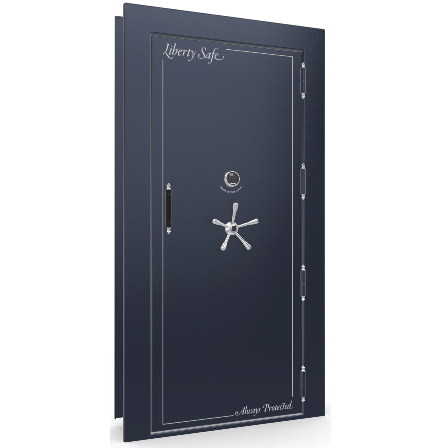 The Beast Vault Door in Blue Gloss with Chrome Electronic Lock, Right Outswing, door closed.