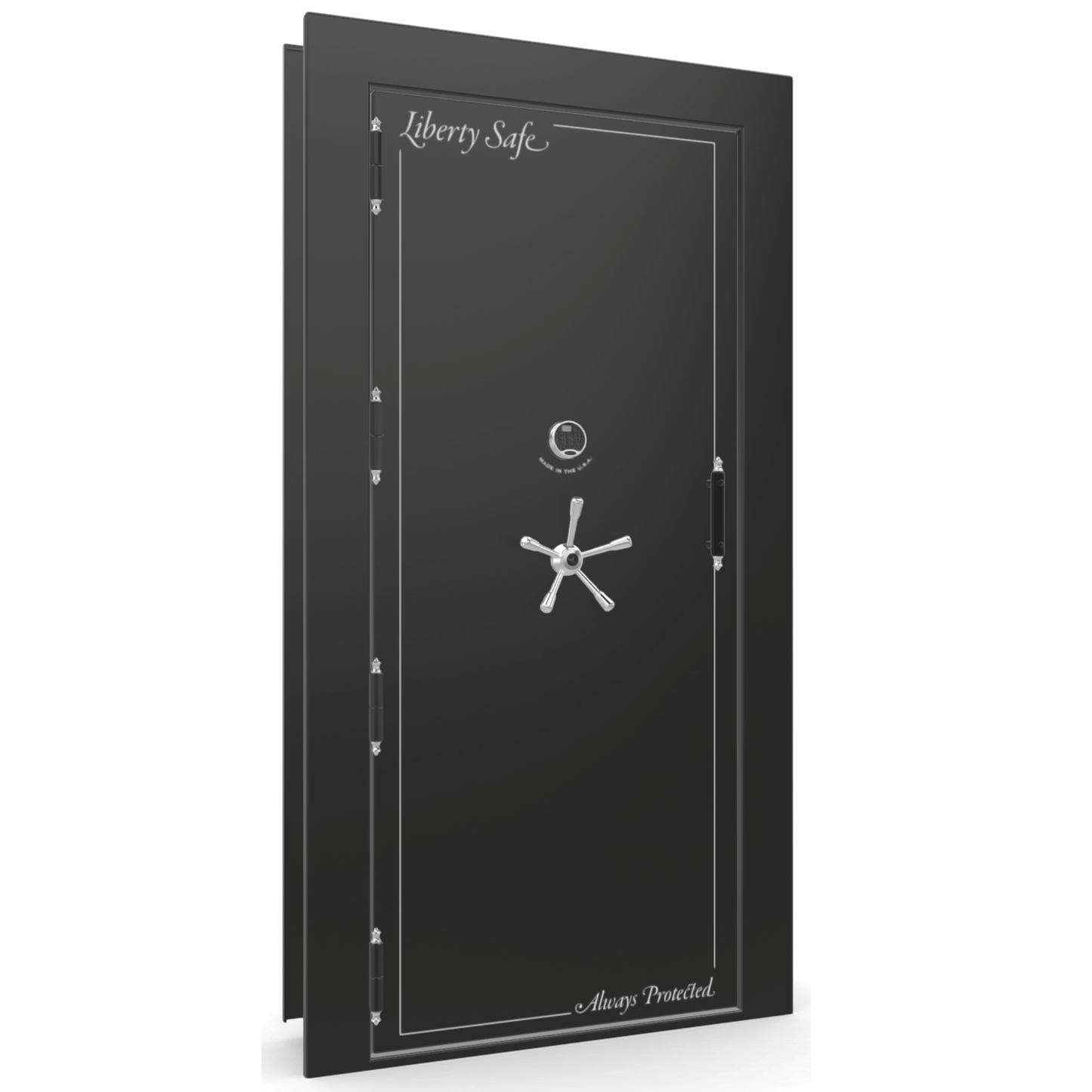 The Beast Vault Door in Black Gloss with Chrome Electronic Lock, Left Outswing, door closed.