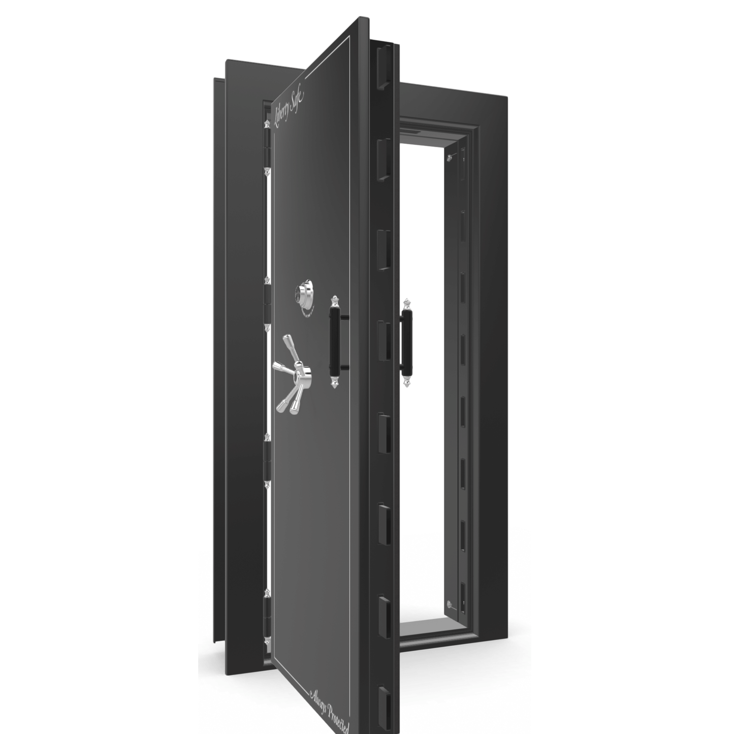 The Beast Vault Door in Black Gloss with Chrome Electronic Lock, Left Outswing, door open.