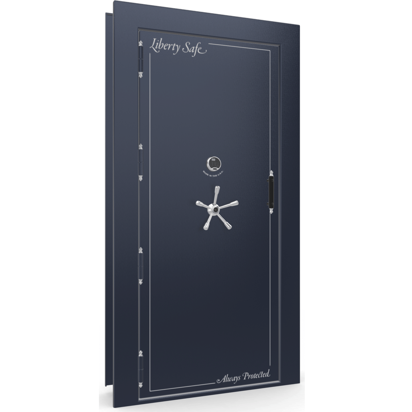 The Beast Vault Door in Blue Gloss with Chrome Electronic Lock, Left Outswing, door closed.