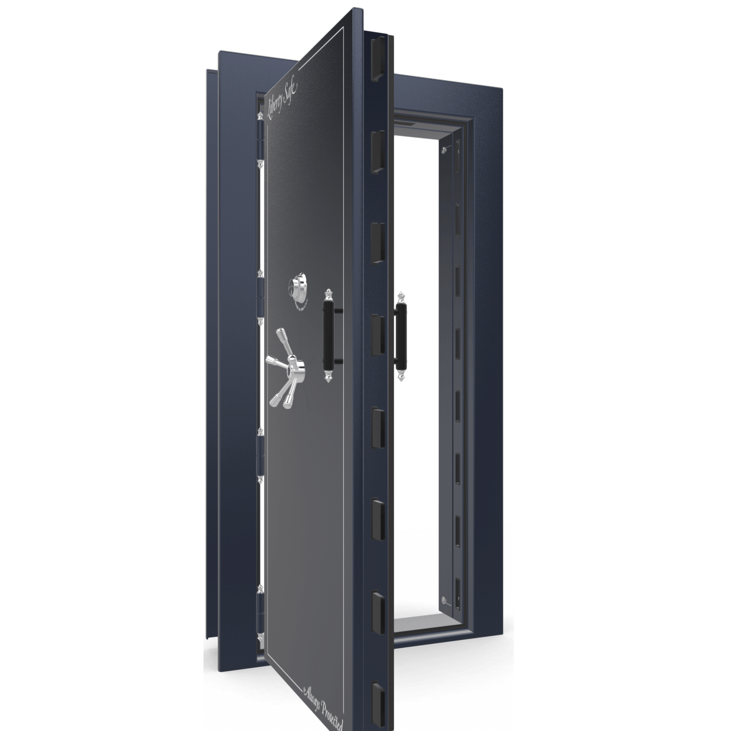 The Beast Vault Door in Blue Gloss with Chrome Electronic Lock, Left Outswing, door open.