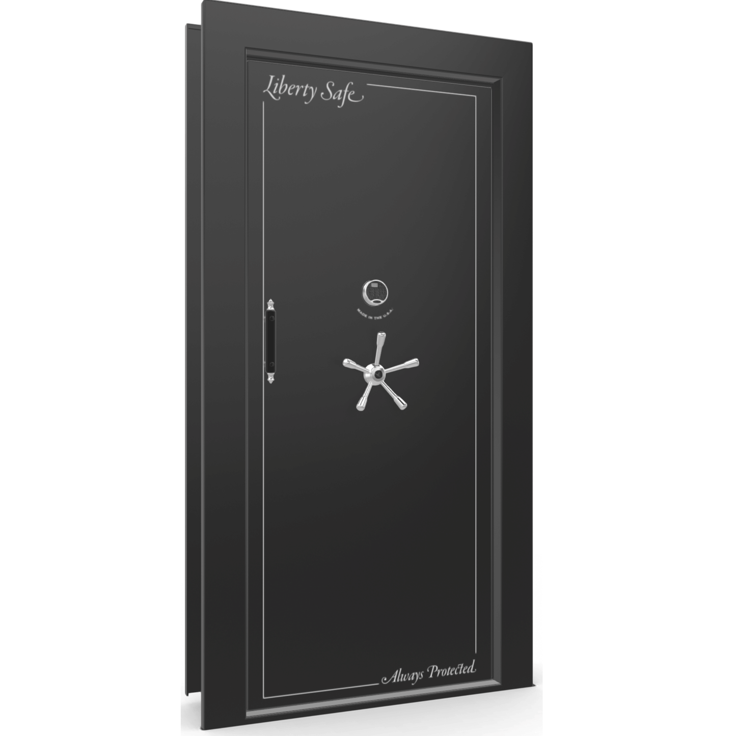 The Beast Vault Door in Black Gloss with Chrome Electronic Lock, Right Inswing, door closed.