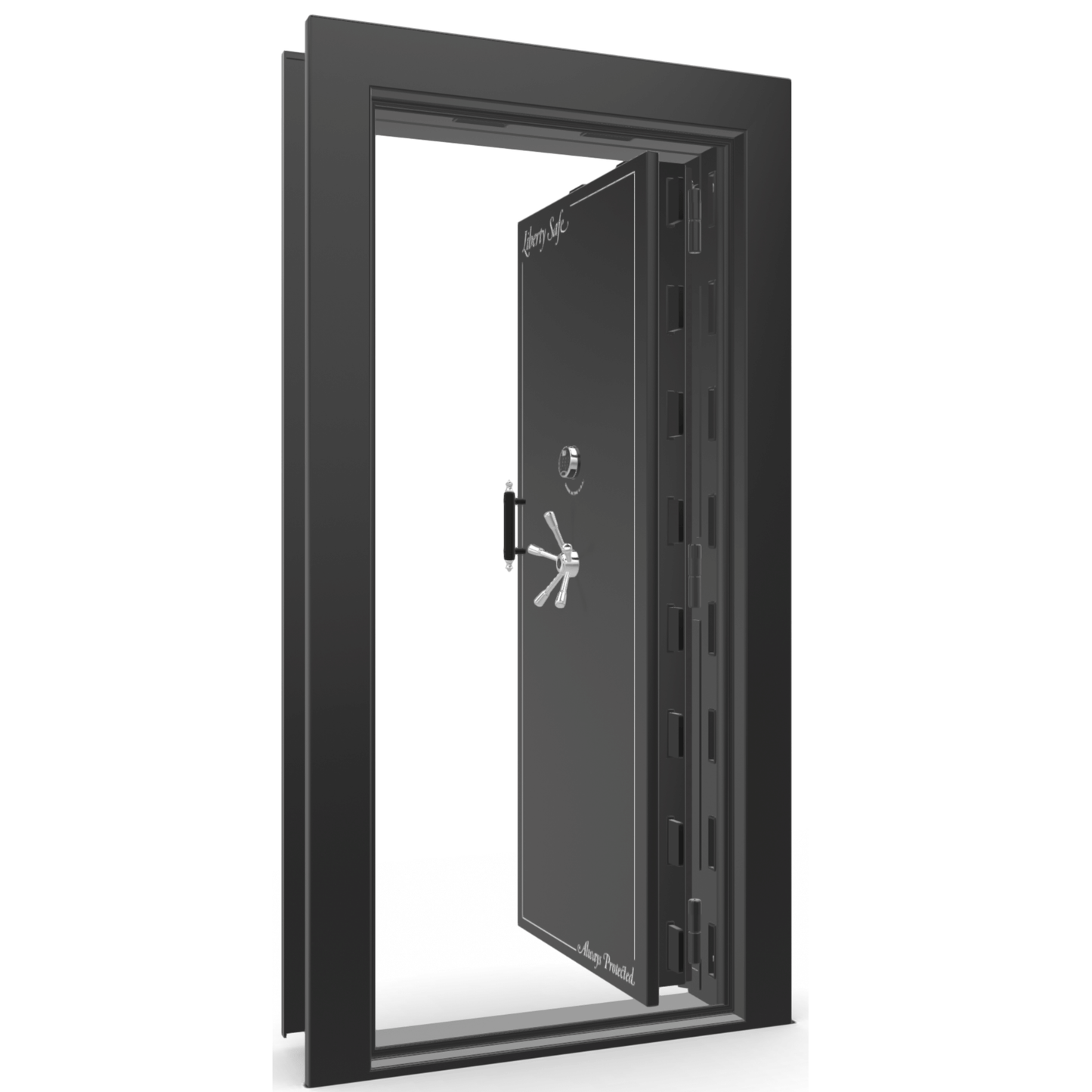 The Beast Vault Door in Black Gloss with Chrome Electronic Lock, Right Inswing, door open.