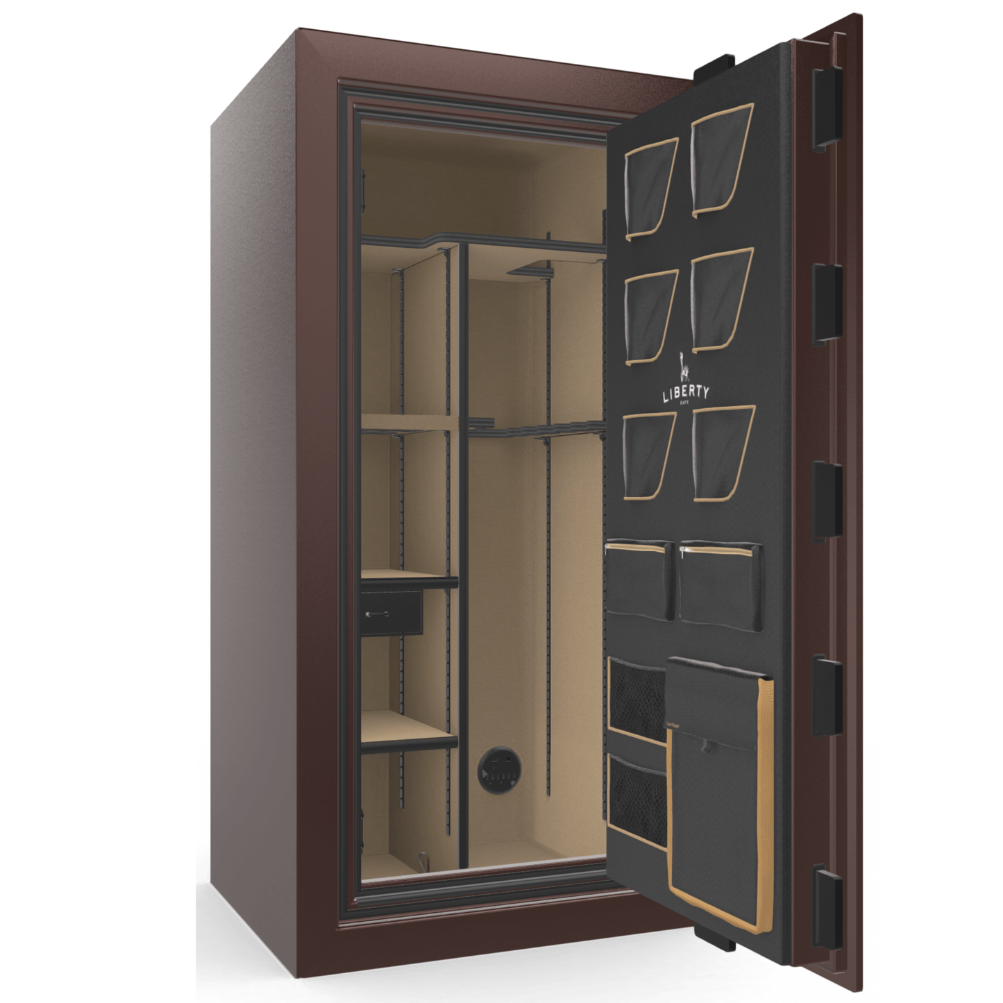 Liberty Safe Classic Plus 25 in Feathered Burgundy Gloss, open door.