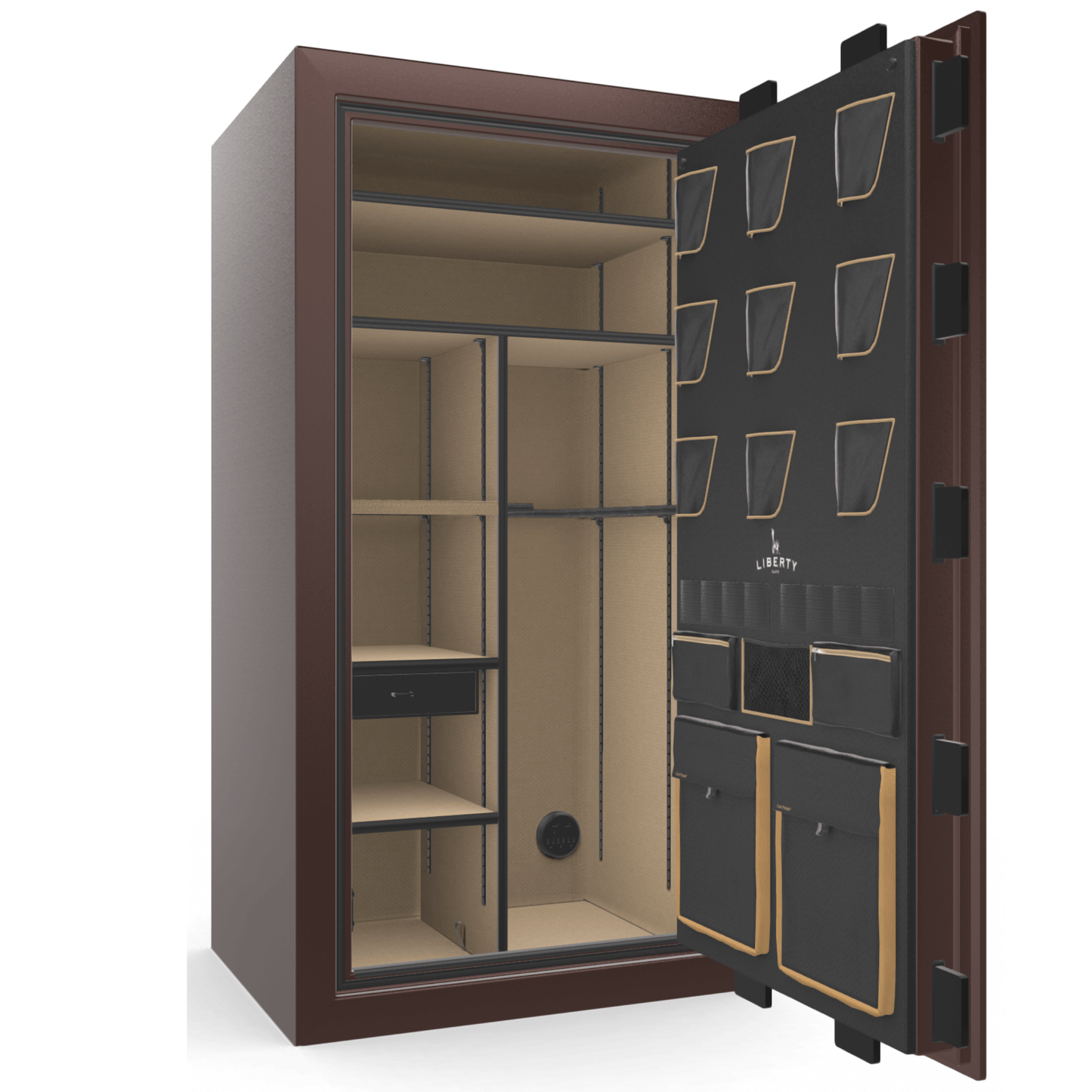 Liberty Safe Classic Plus 40 in Feathered Burgundy Gloss, open door.