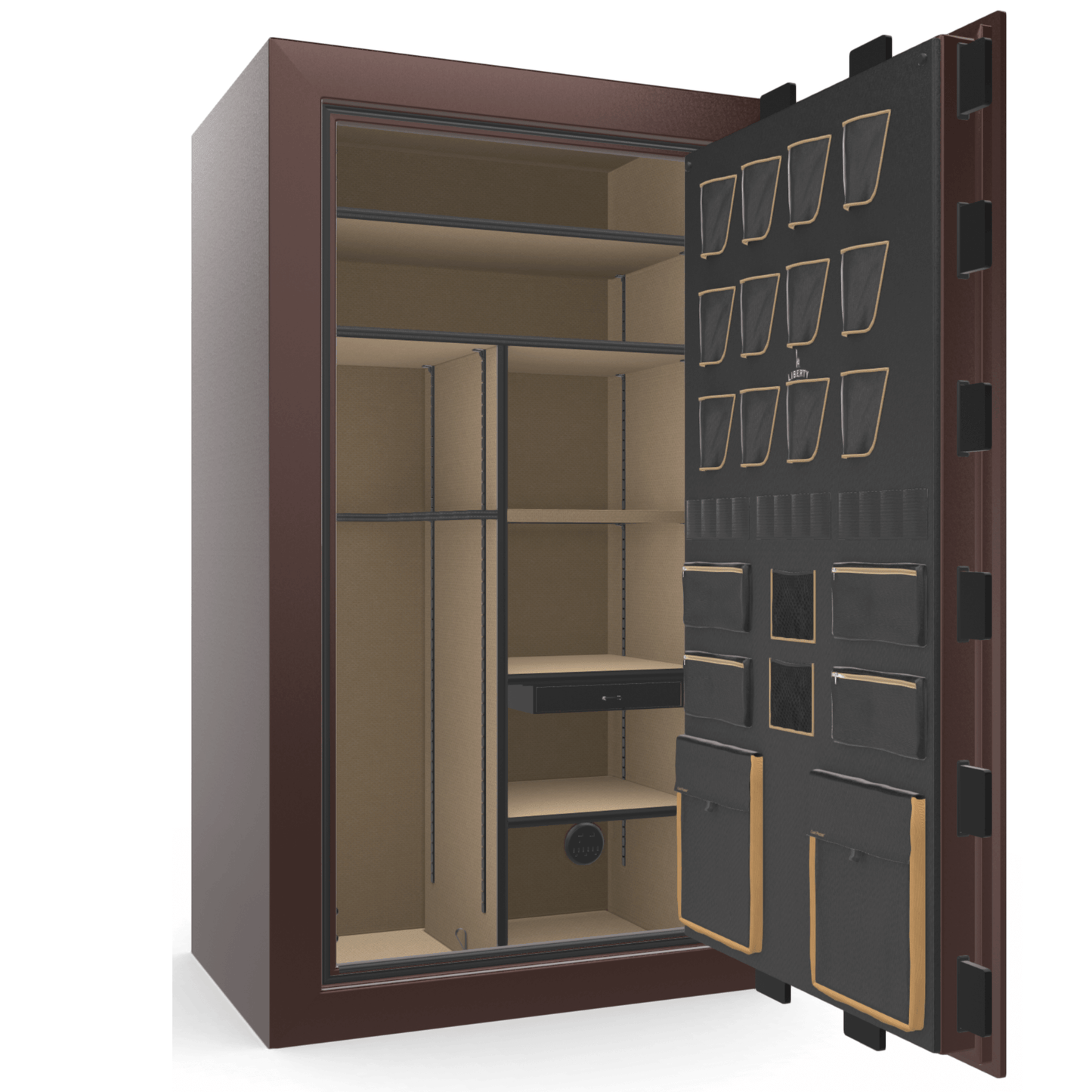 Liberty Safe Classic Plus 50 in Feathered Burgundy Gloss, open door.