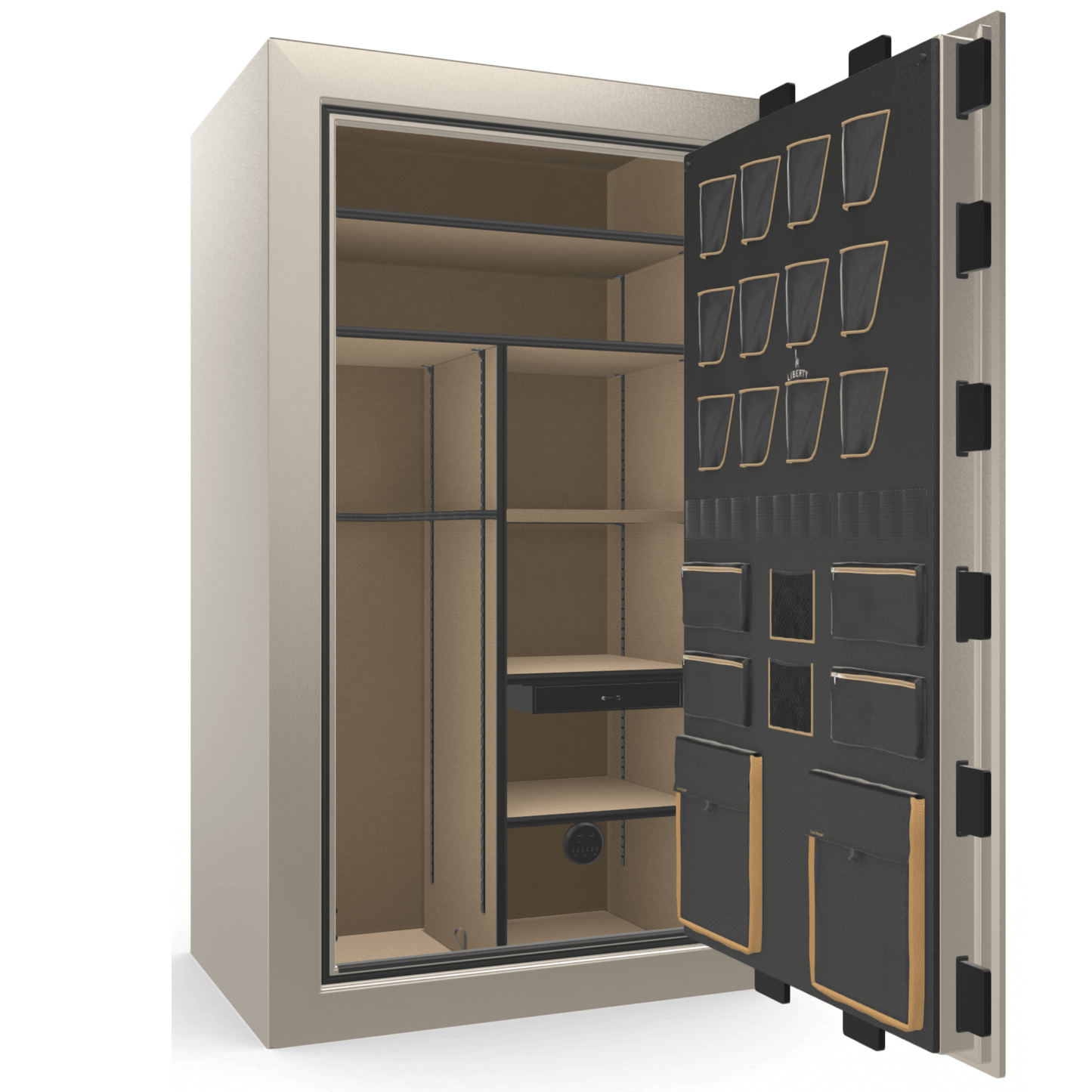 Liberty Safe Classic Plus 50 in Feathered Champagne Gloss with open door.