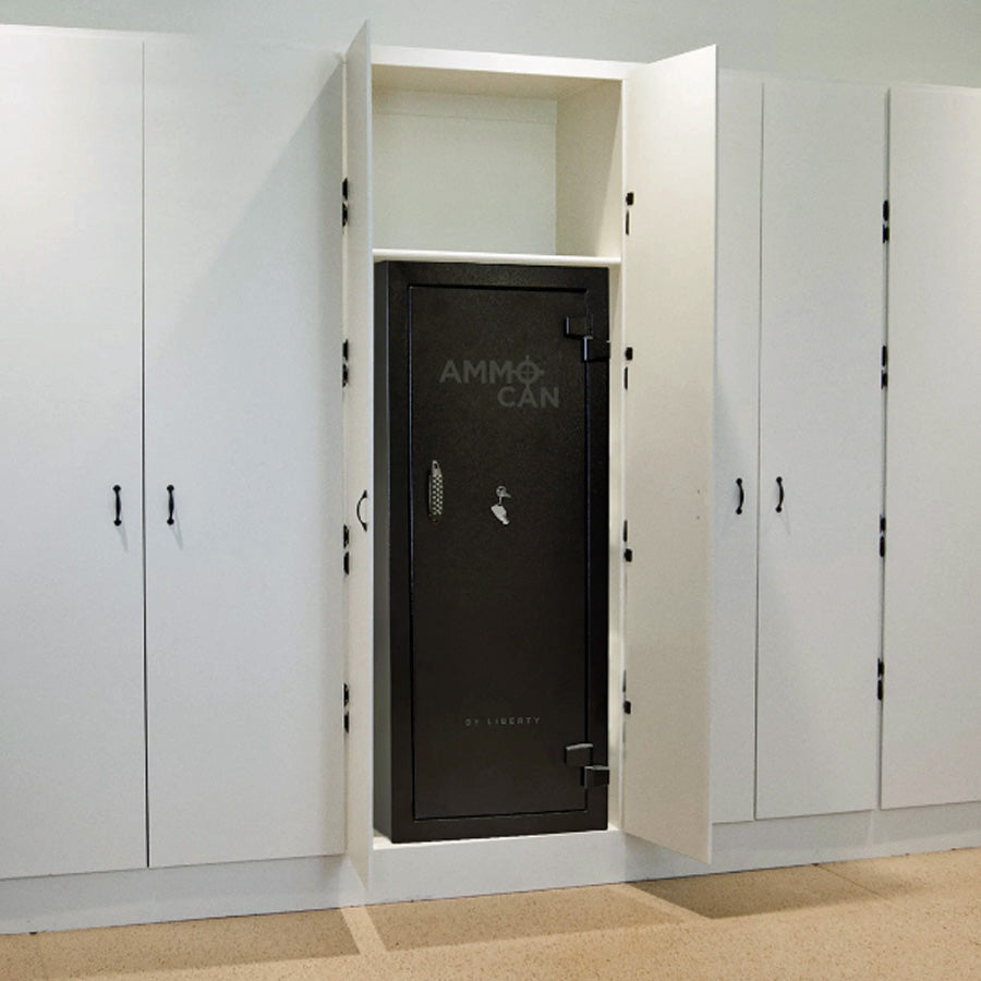 Liberty Safe Textured Black Ammo Can in closet.