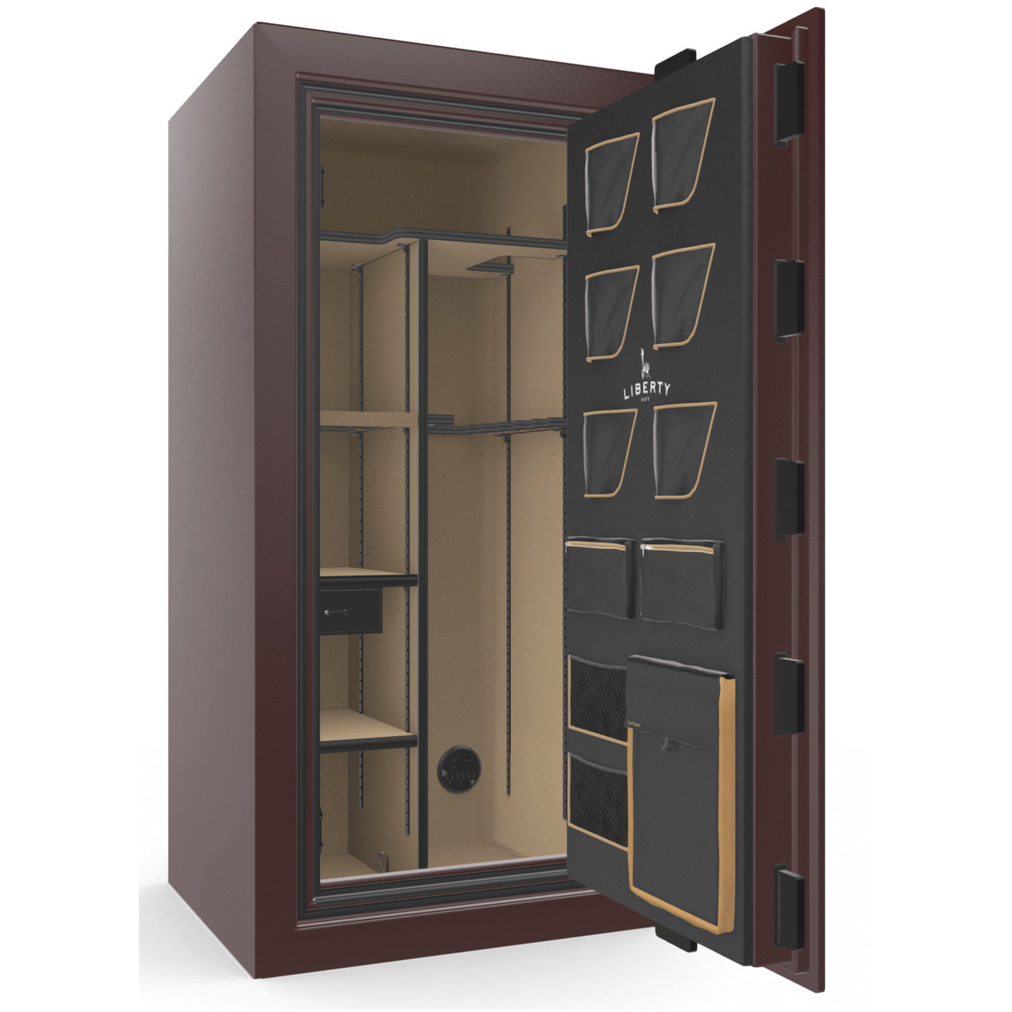Liberty Safe Classic Plus 25 in Burgundy Marble, open door.