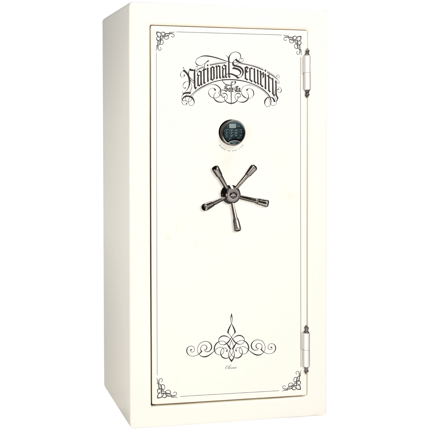 Liberty Safe Classic Plus 25 in White Gloss with Black Chrome Electronic Lock, closed door.