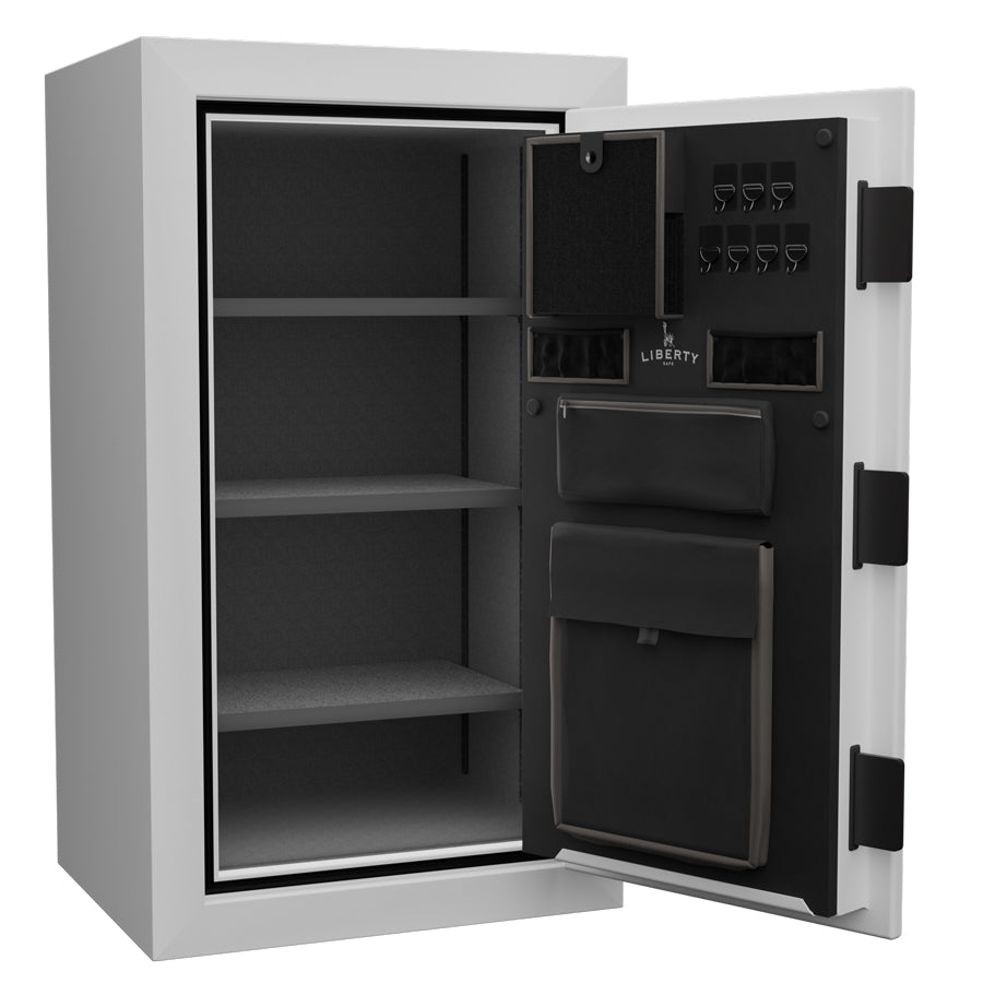 Liberty Home Series 12 in Textured White with Black Chrome Hardware, Door open.