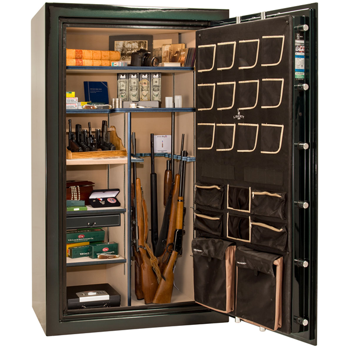 Liberty Safe Classic Plus 50 in Feathered Green Gloss, open door.