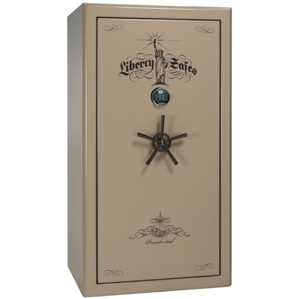 Liberty Safe Presidential 40 in Champagne Marble with Black Chrome Electronic Lock, closed door.