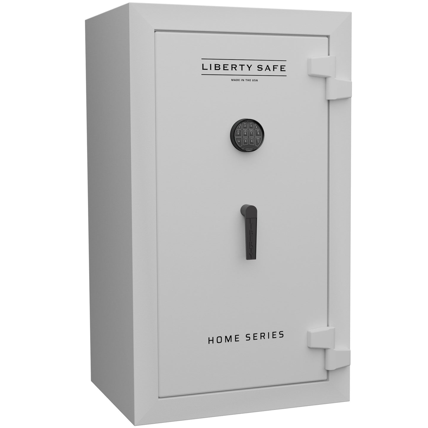 Liberty Home Series 12 in Textured White with Black Chrome Hardware, Door closed.