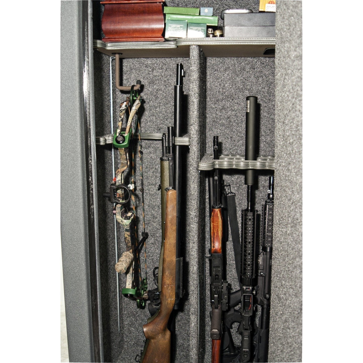 Liberty Safe Bow Hanger in loaded safe.