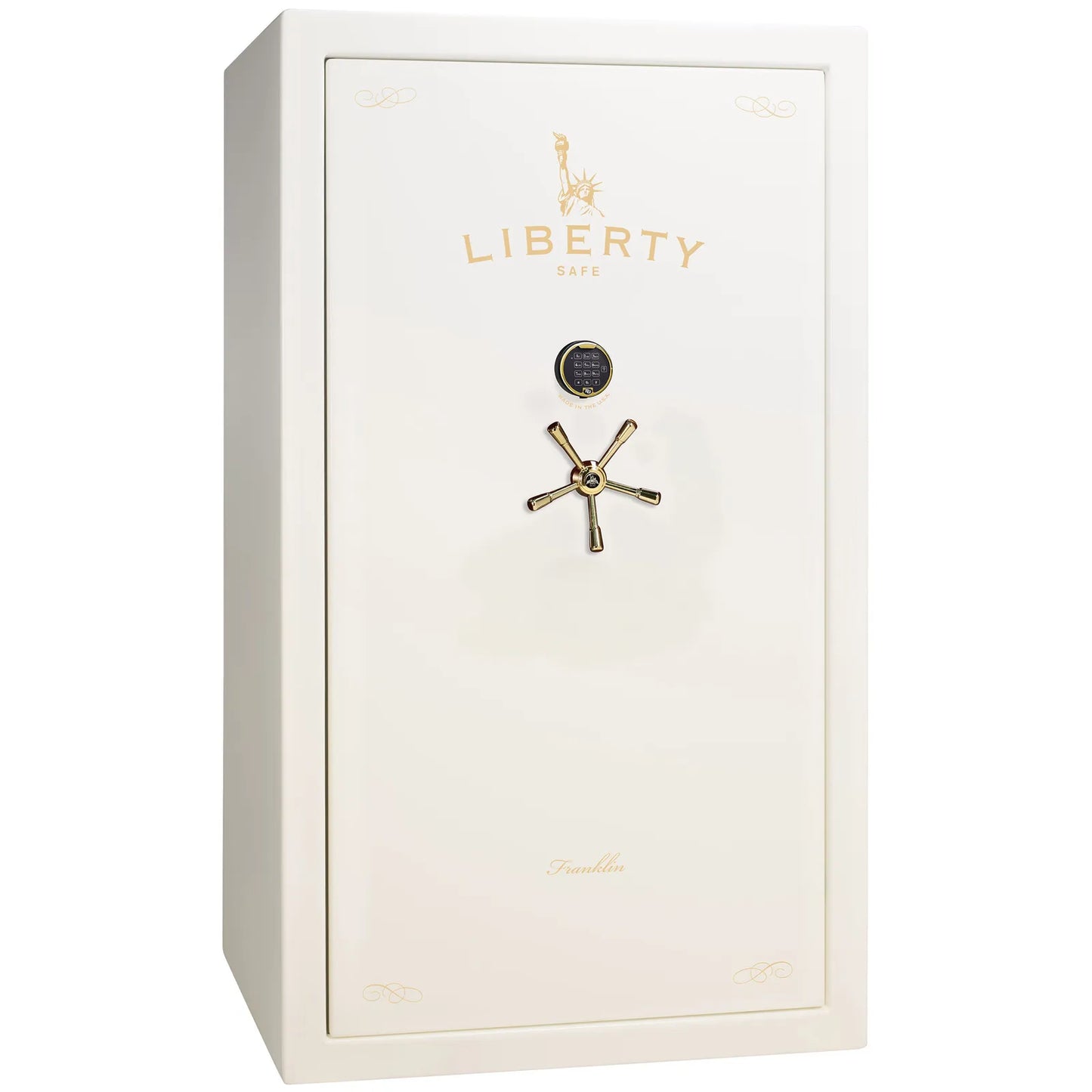 Liberty Franklin 50 gun safe in White Gloss with Brass and S&G electronic lock, exterior view.