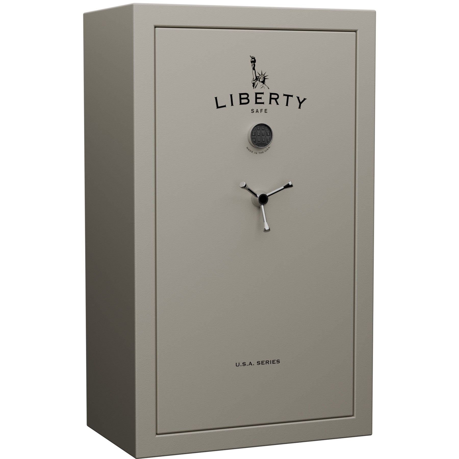 Liberty USA 36 safe in Textured Canvas beige with Black Chrome electronic lock, exterior.