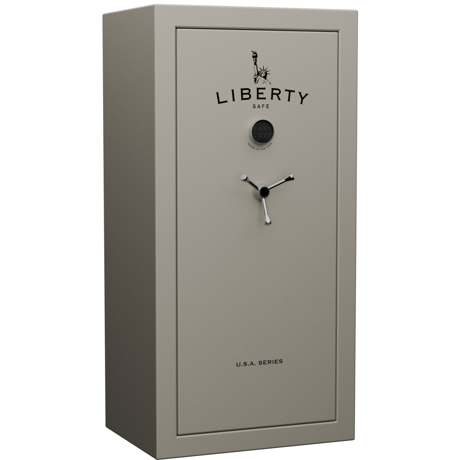 Liberty USA 30 safe in Textured Canvas beige with Black Chrome electronic lock.