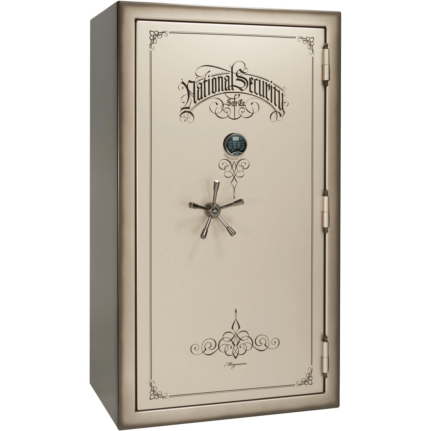 Liberty Safe National Magnum 50 in Champagne Feathered Edge Gloss with Black Chrome Electronic Lock, closed door.