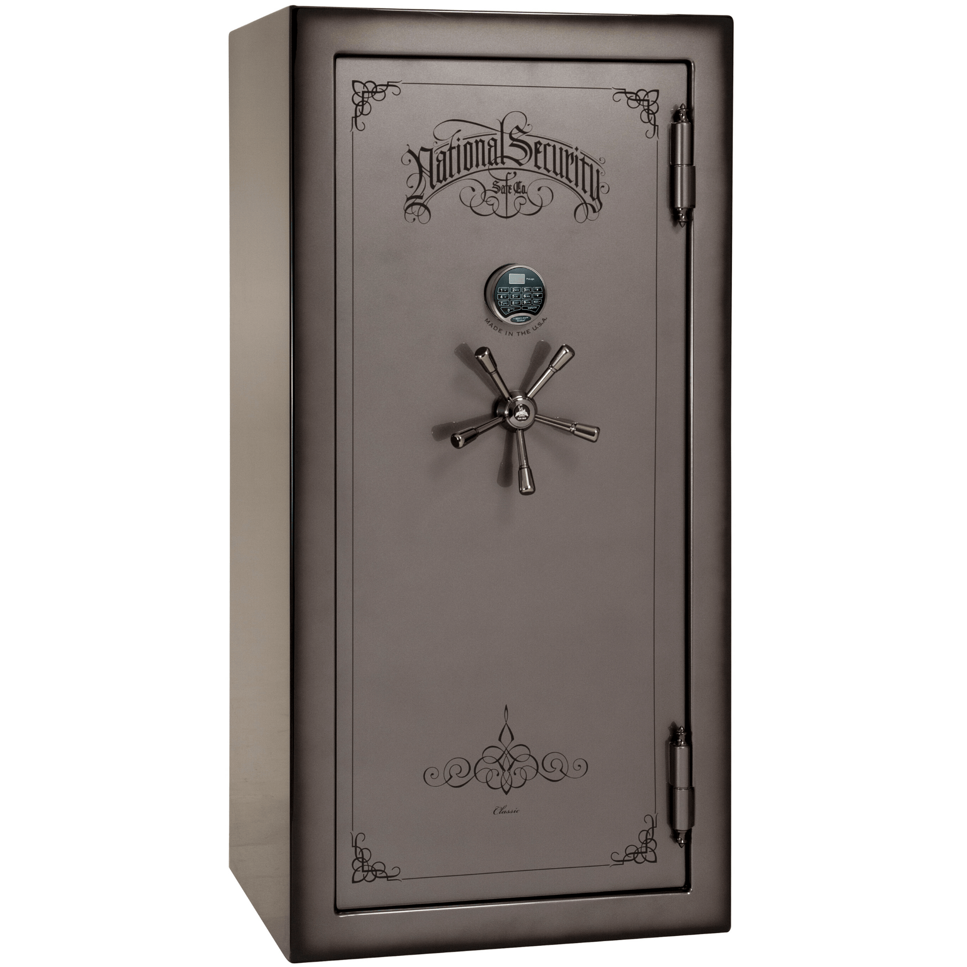 Liberty Safe Classic Plus 25 in Feathered Gray Gloss with Black Chrome Electronic Lock, closed door.
