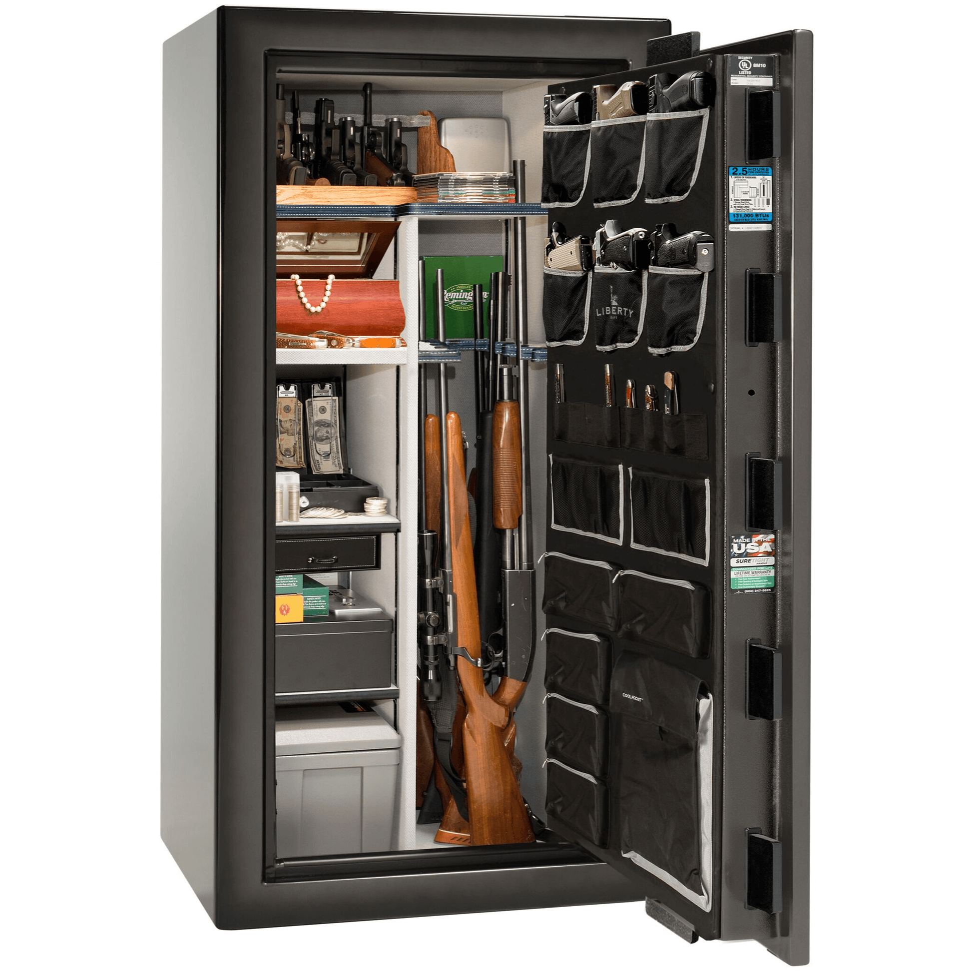 Liberty Safe National Magnum 25 in Gray Charcoal Feathered Edge Gloss, open door.