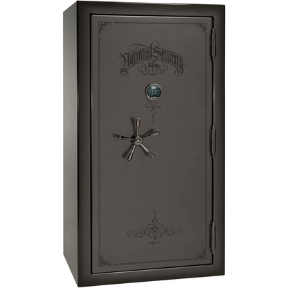 Liberty Safe National Magnum 40 in Gray Charcoal Feathered Edge Gloss with Black Chrome Electronic Lock, closed door.