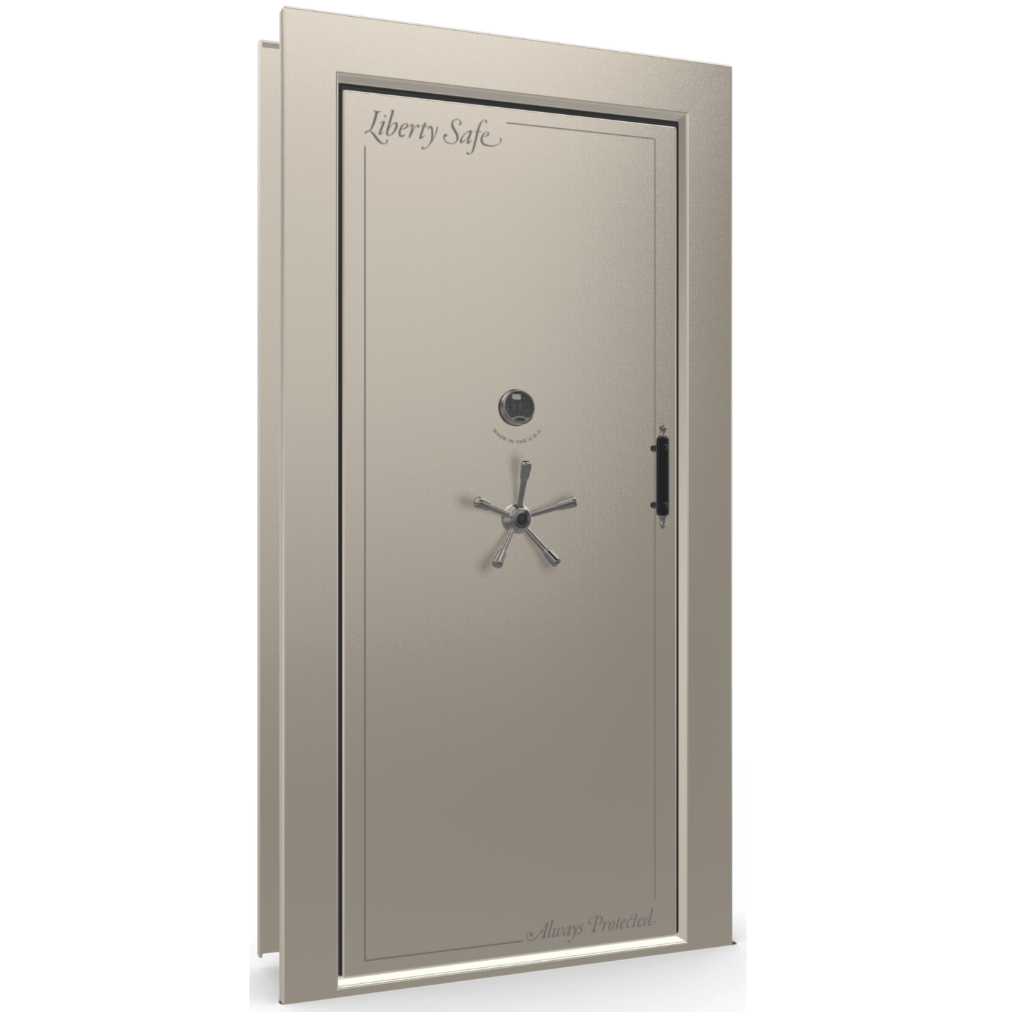 The Beast Vault Door in Champagne Gloss with Black Chrome Electronic Lock, Left Inswing, door closed.