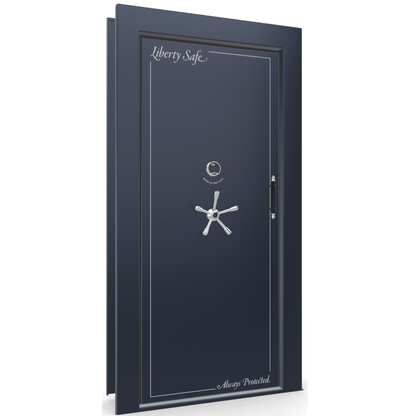 The Beast Vault Door in Blue Gloss  with Chrome Electronic Lock, Left Inswing, door closed.