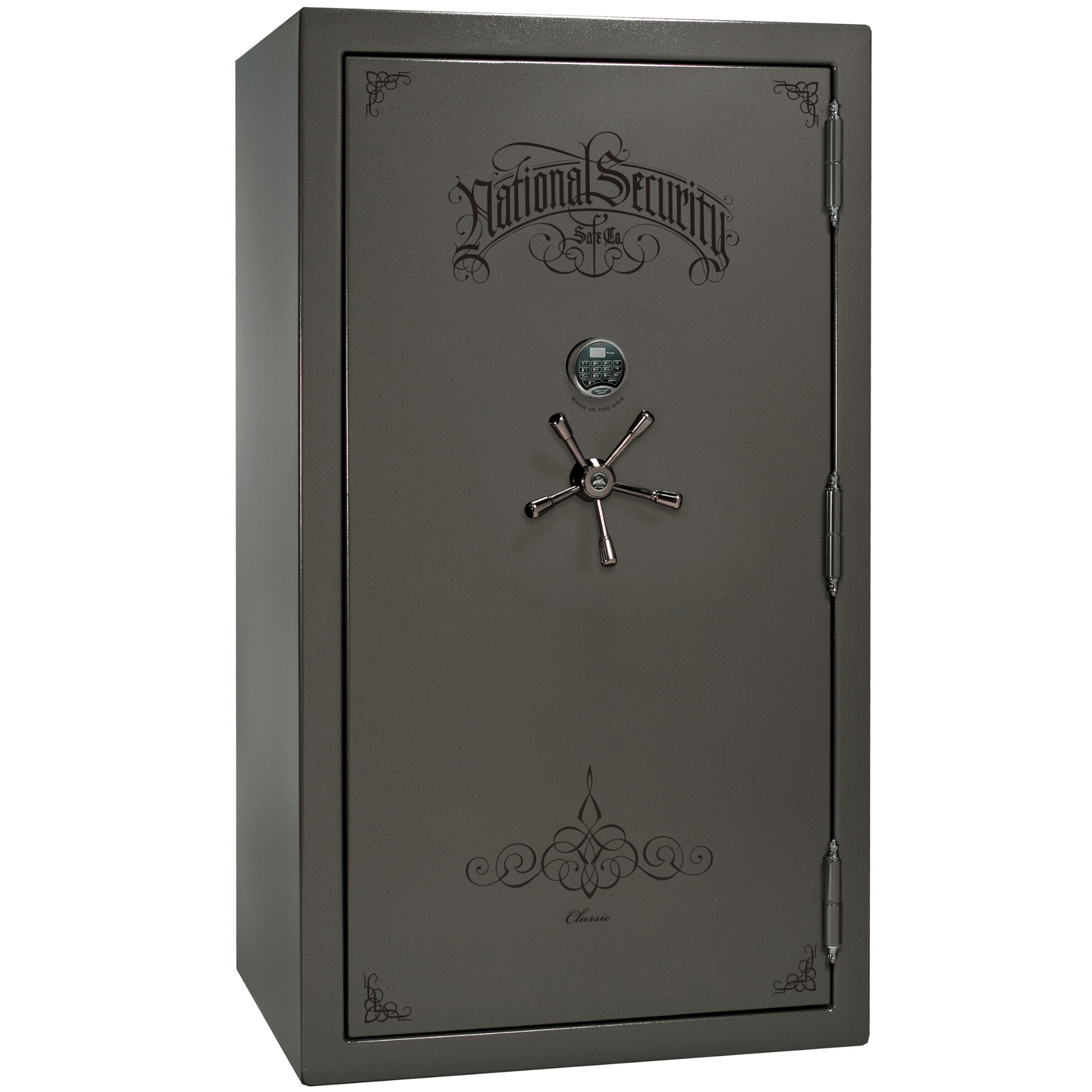 Liberty Safe Classic Plus 50 in Gray Marble with Black Chrome Electronic Lock, closed door.