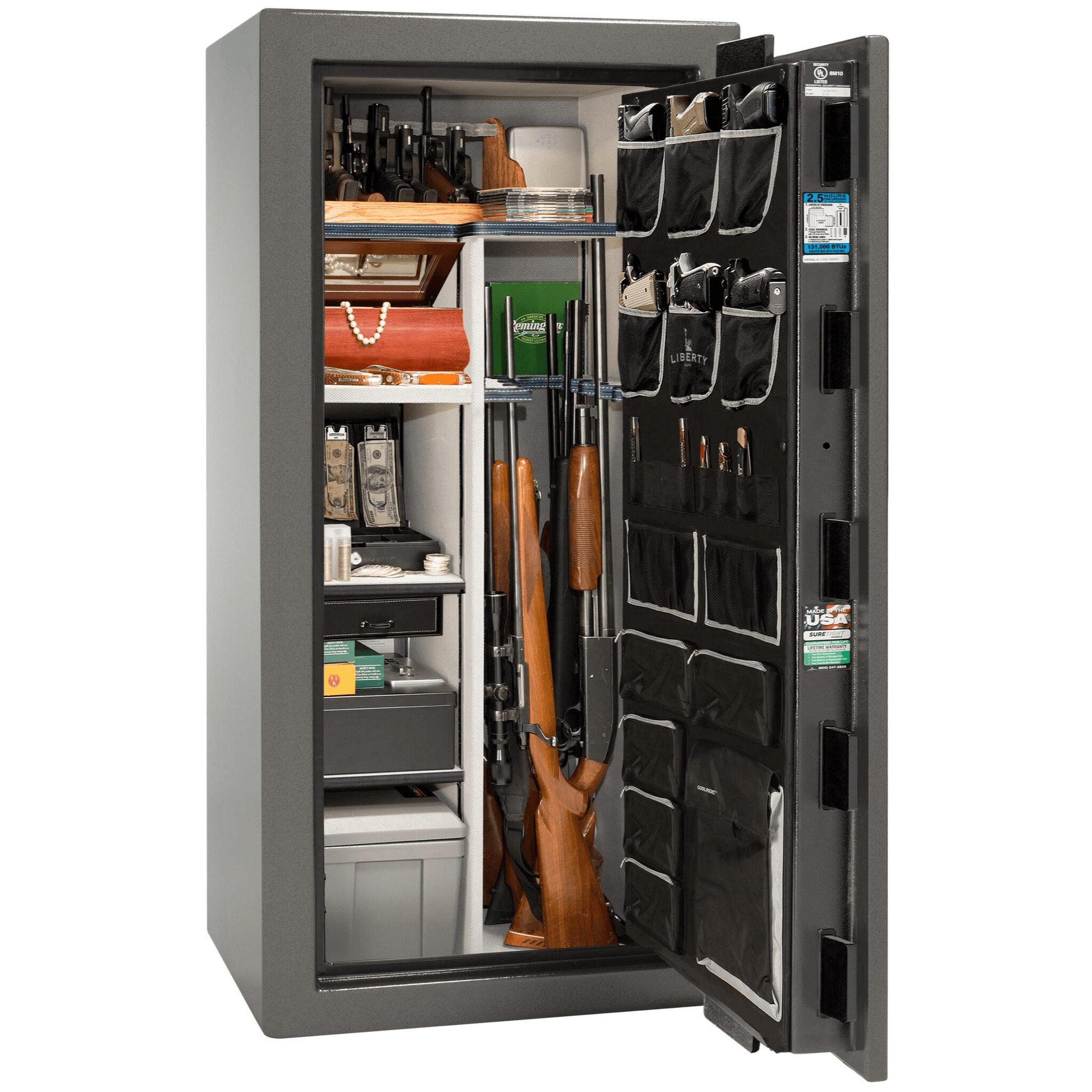 Liberty Safe National Magnum 25 in Gray Marble, open door.