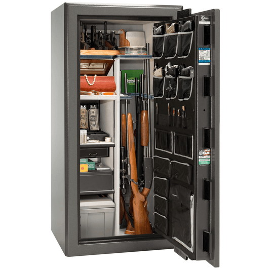Liberty Safe Presidential 25 in Gray Marble with Black Chrome hardware, open door.