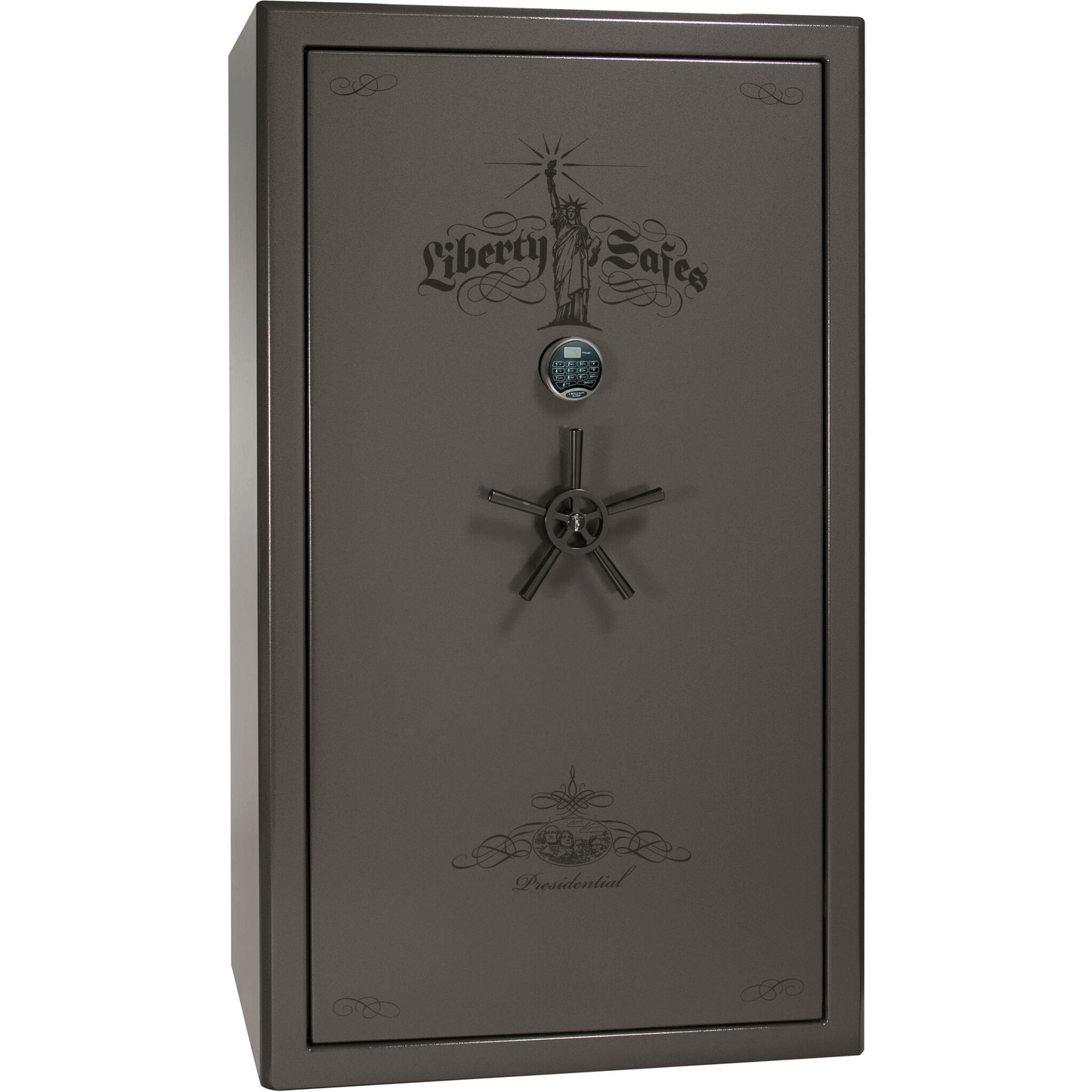 Liberty Safe Presidential 50 in Gray Marble with Black Chrome Electronic Lock, closed door.