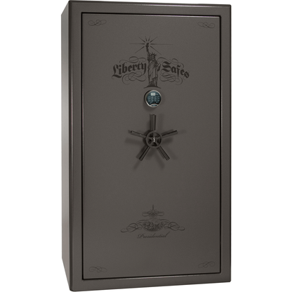 Liberty Safe Presidential 50 in Gray Marble with Black Chrome Electronic Lock, closed door.