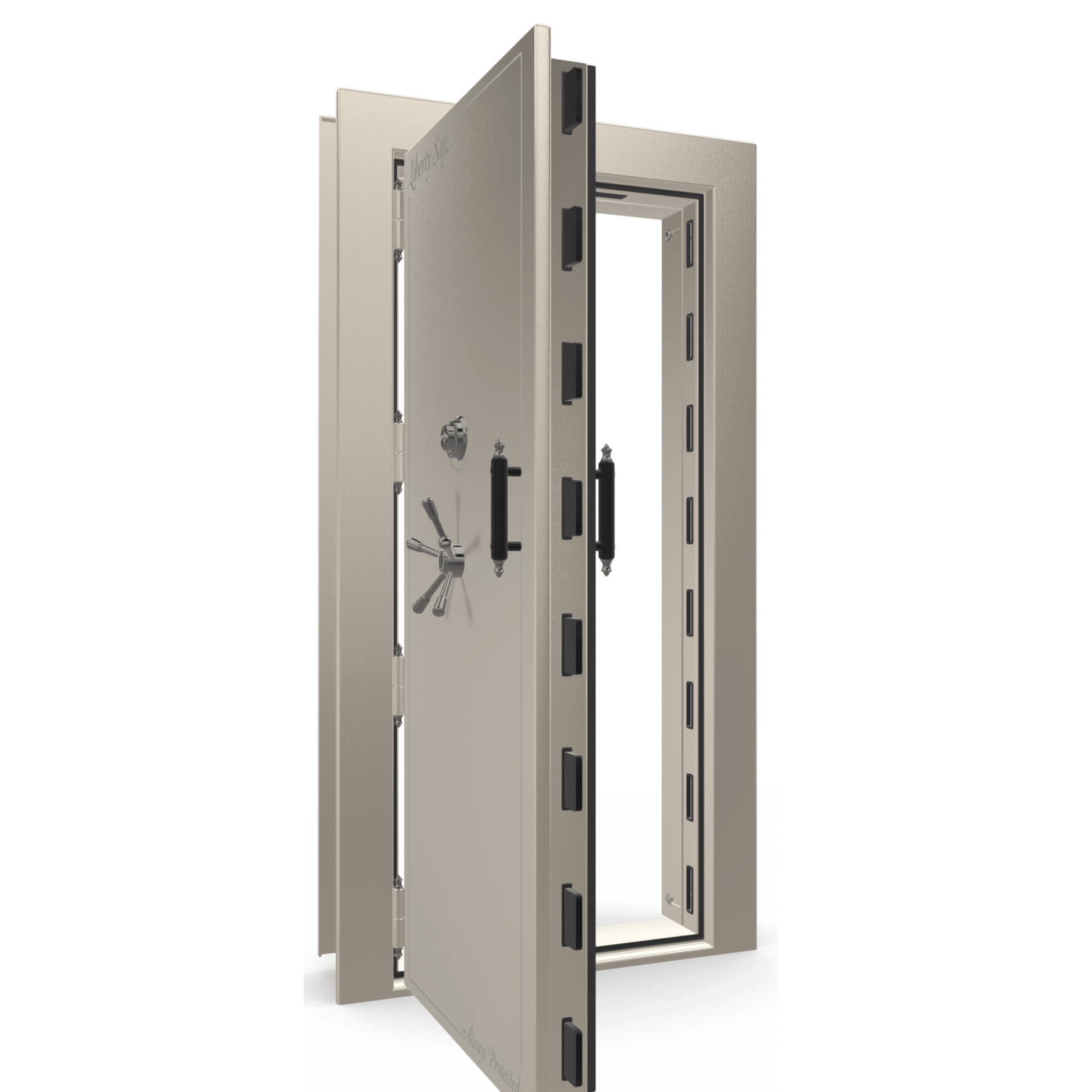 The Beast Vault Door in Champagne Gloss with Black Chrome Electronic Lock, Left Outswing, door open.