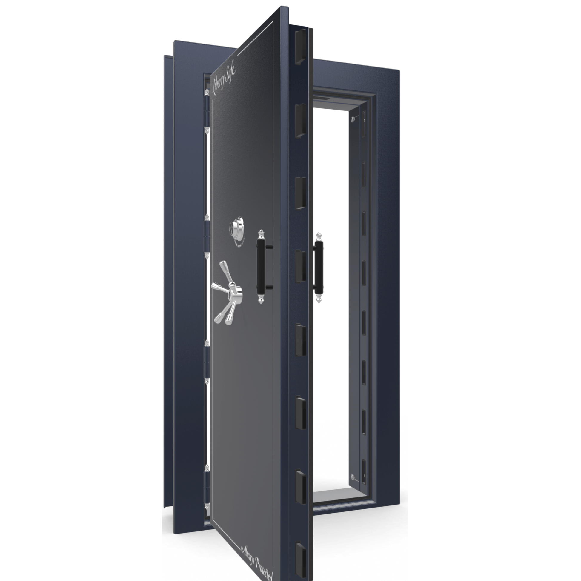 The Beast Vault Door in Blue Gloss  with Chrome Electronic Lock, Left Outswing, door open.