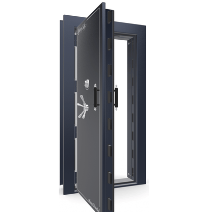 The Beast Vault Door in Blue Gloss  with Chrome Electronic Lock, Left Outswing, door open.