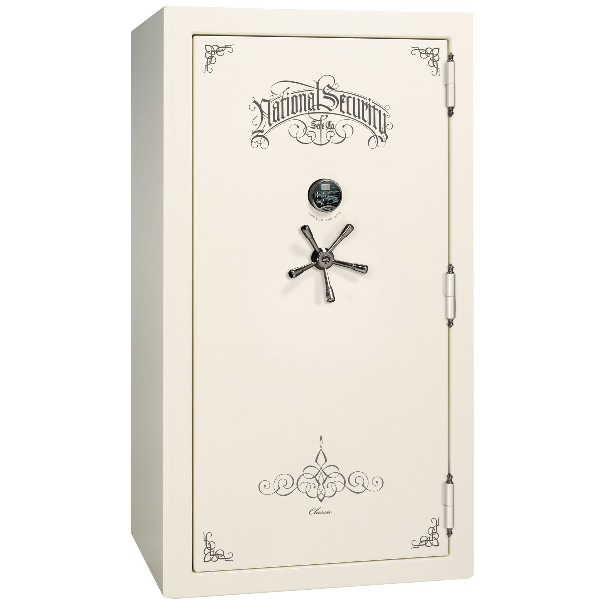 Liberty Safe Classic Plus 40 in White Marble with Black Chrome Electronic Lock, closed door.