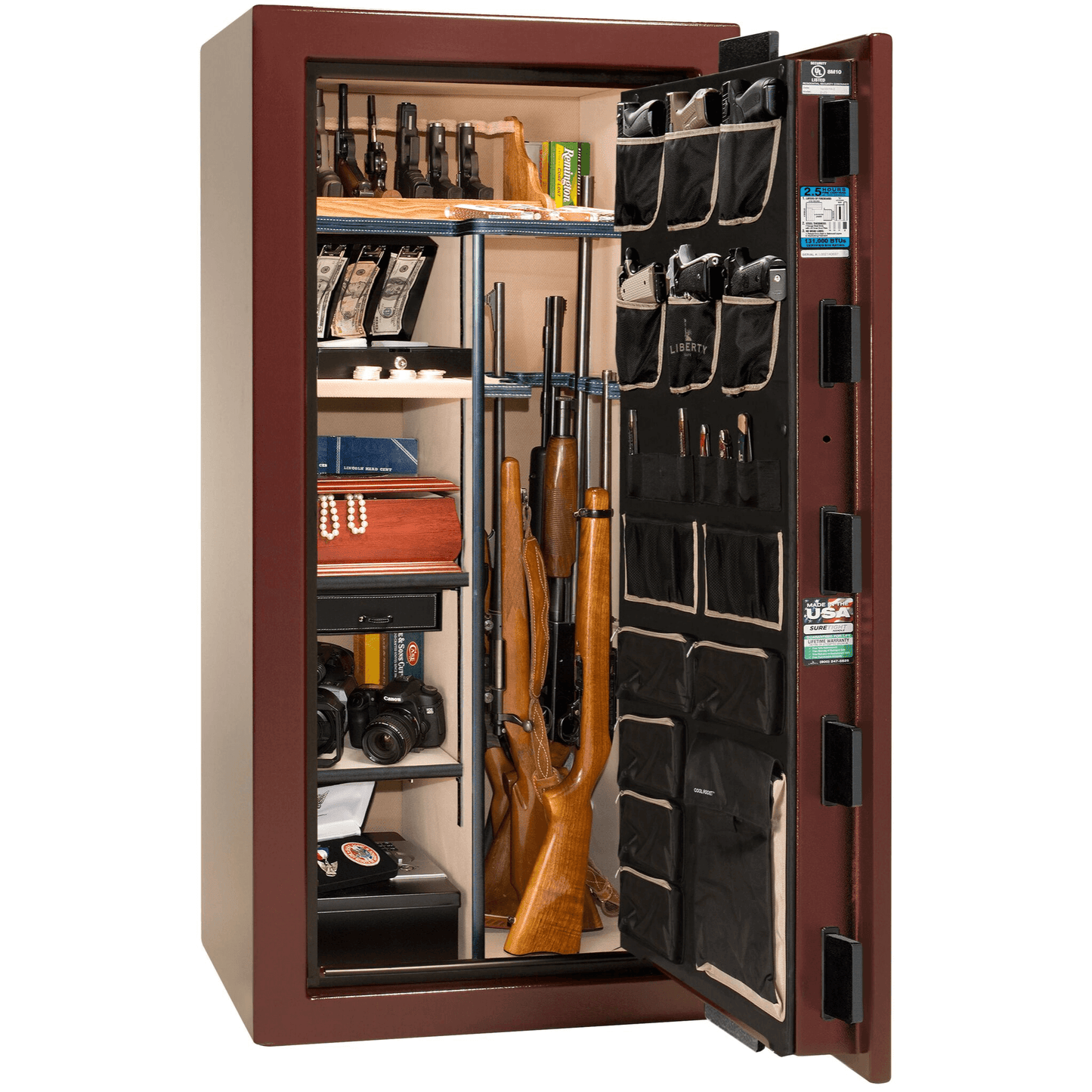 Liberty Safe National Magnum 25 in Burgundy Marble, open door.