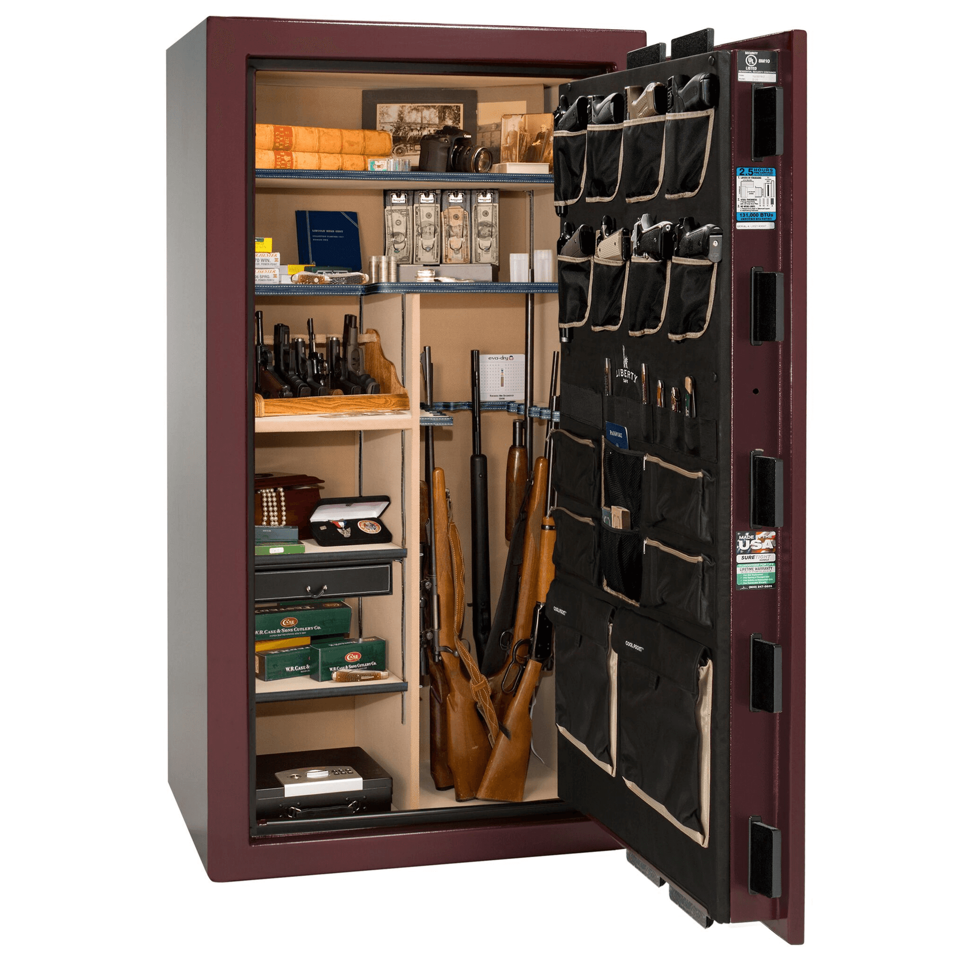 Liberty Safe National Magnum 40 in Burgundy Marble, open door.